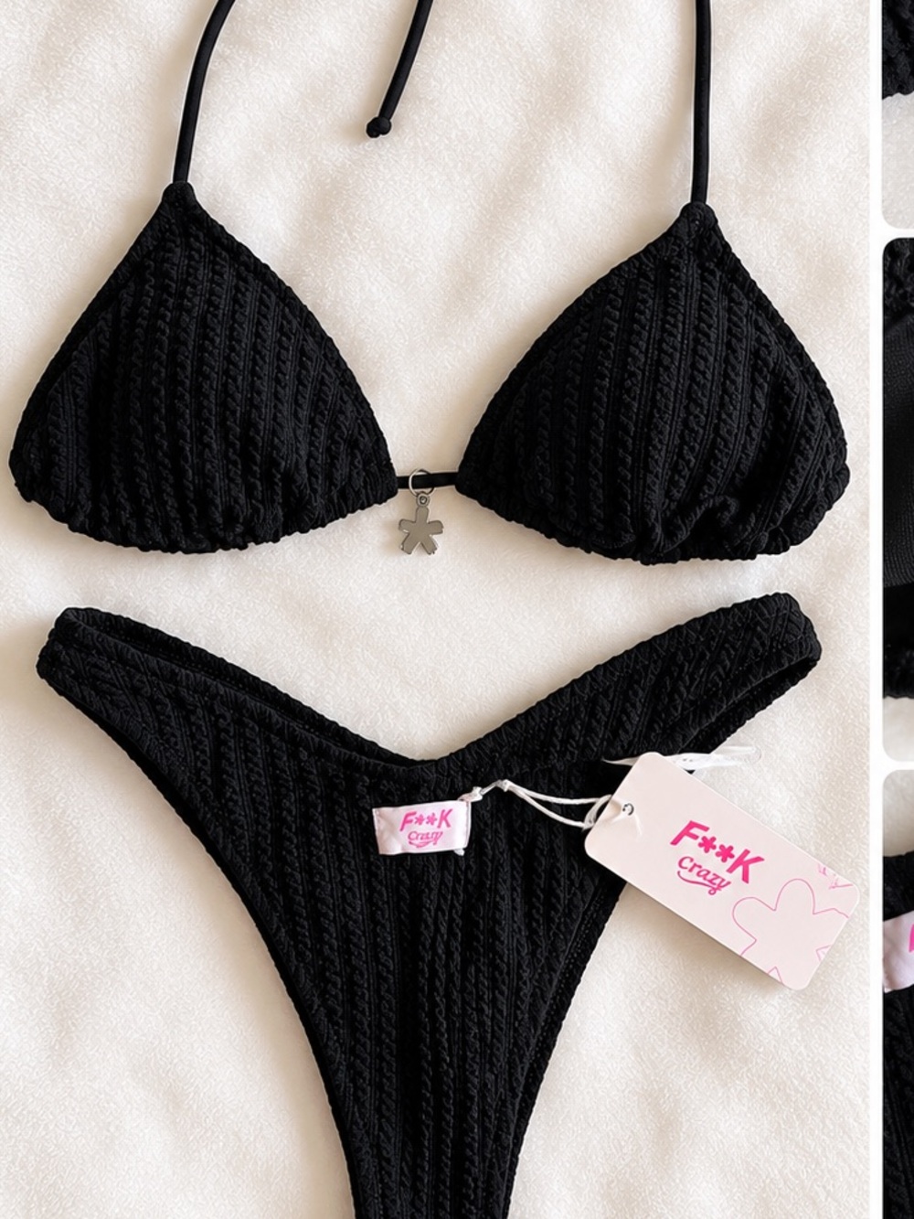 F**K Crazy Black Textured Triangle Bikini XS EU 34 + Pouch